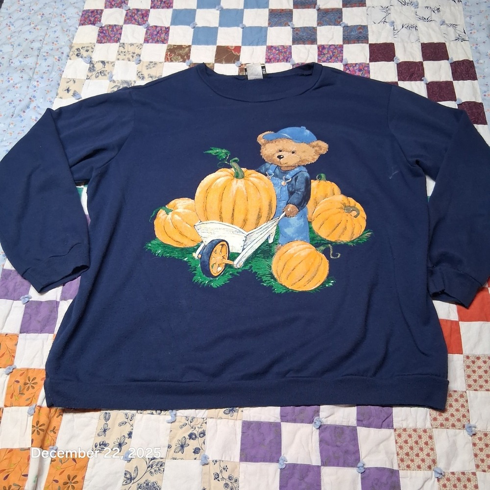 VTG Y2K Fashion Bug Teddy Bear Pumpkin Sweatshirt Womens Plus Size 1X Navy Blue